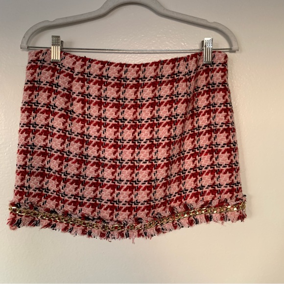 Mango Tweed mini-skirt with chain red pink plaid - Picture 8 of 12